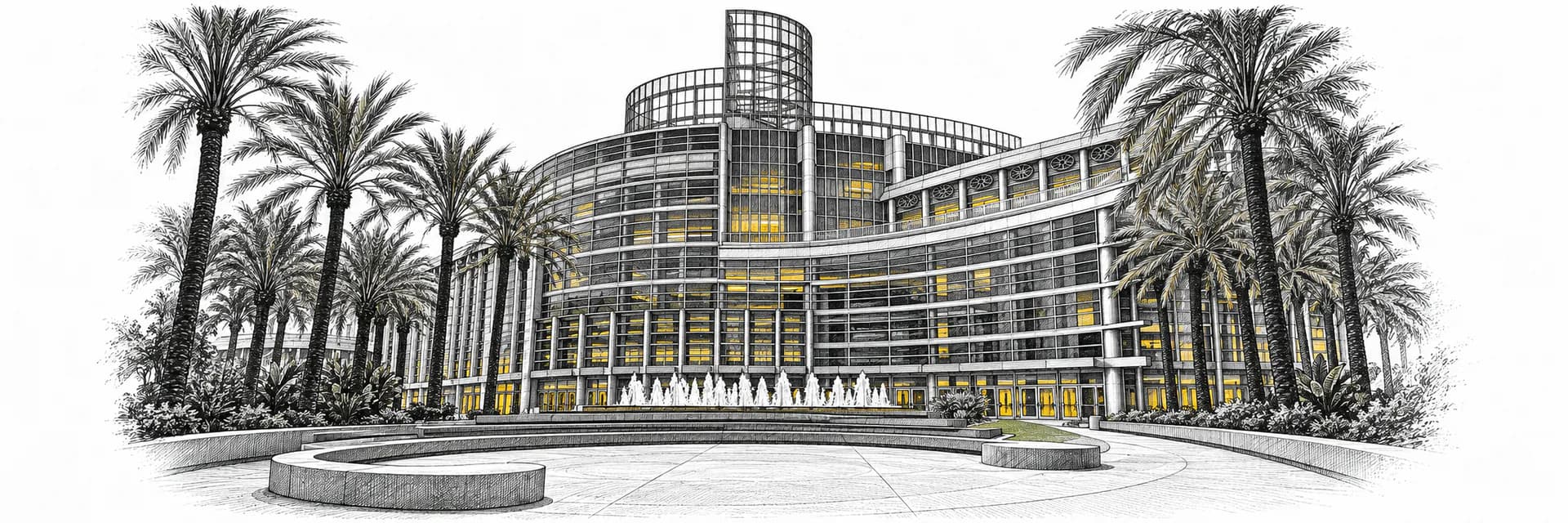 Aussenansicht: Anaheim Convention Center · Tuscheillustration nach Fotoreferenz