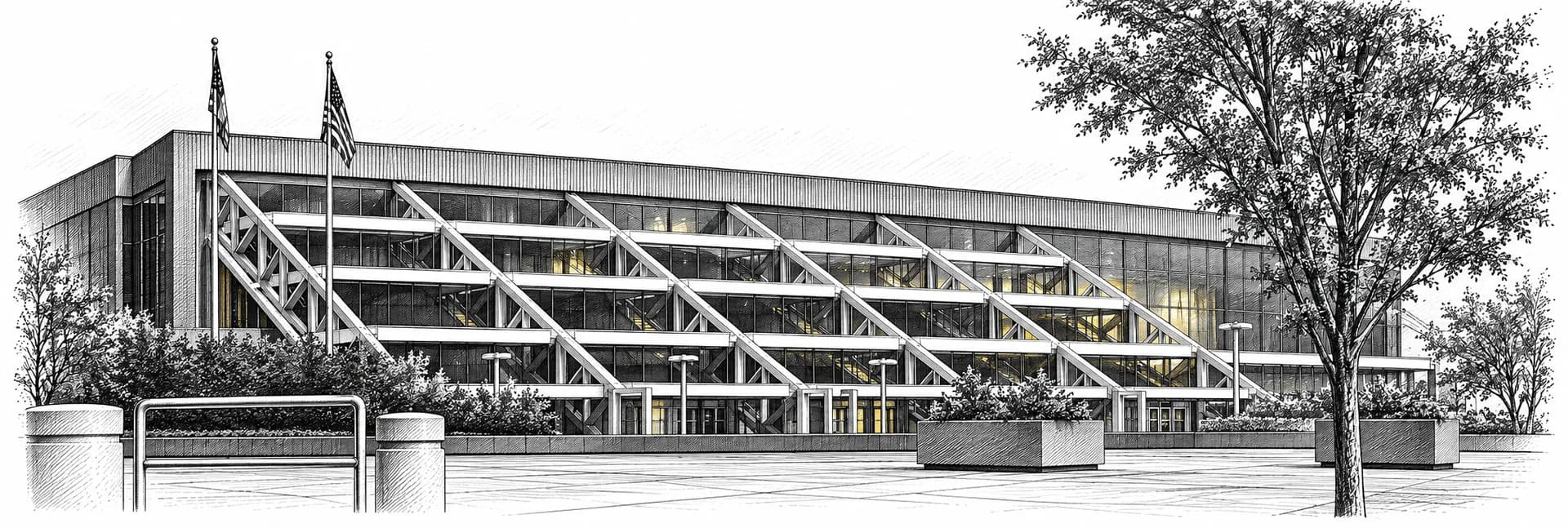 Exterior of the event venue in Atlanta · Ink illustration based on a photo reference