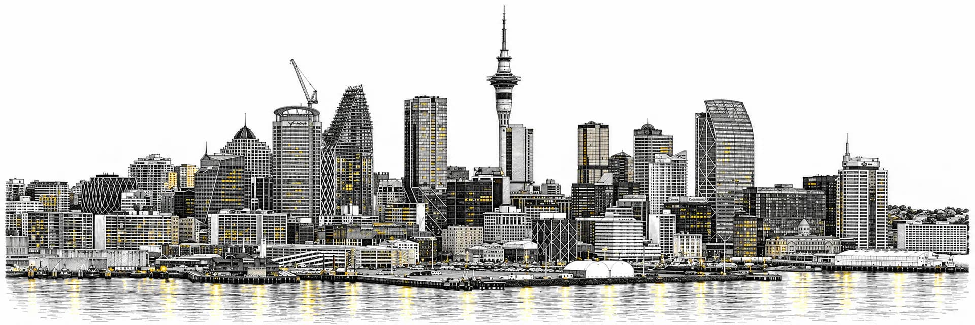 Stadtansicht von Auckland · Tuscheillustration nach Fotoreferenz