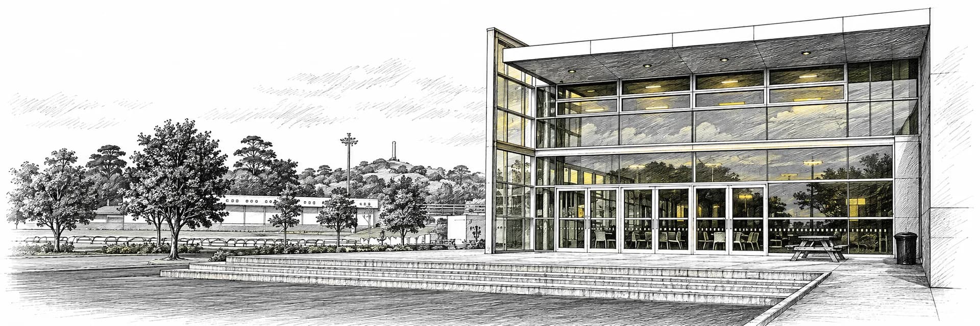 Vista exterior del recinto en Auckland · Ilustración a tinta basada en una fotografía