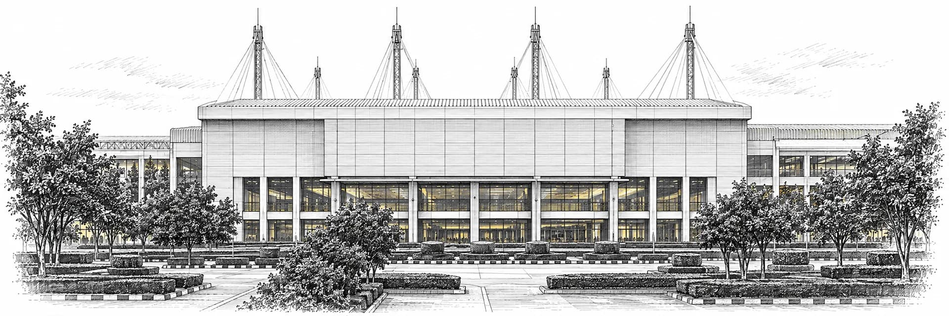 Exterior of the event venue in Bangkok · Ink illustration based on a photo reference