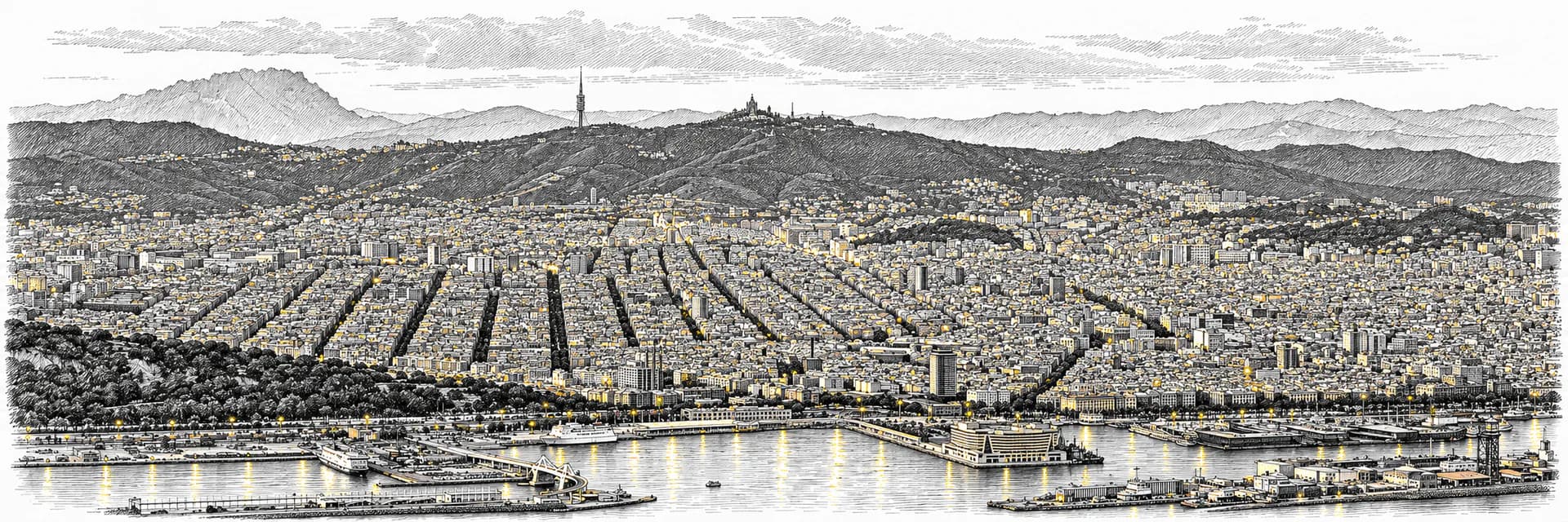 Stadtansicht von Barcelona · Tuscheillustration nach Fotoreferenz