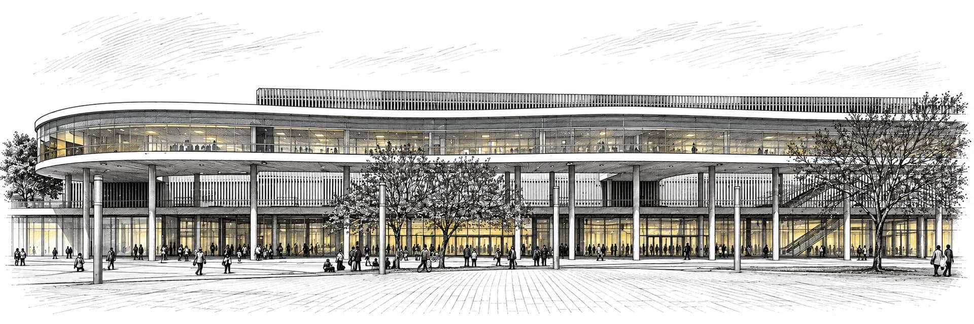 Exterior of the event venue in Barcelona · Ink illustration based on a photo reference