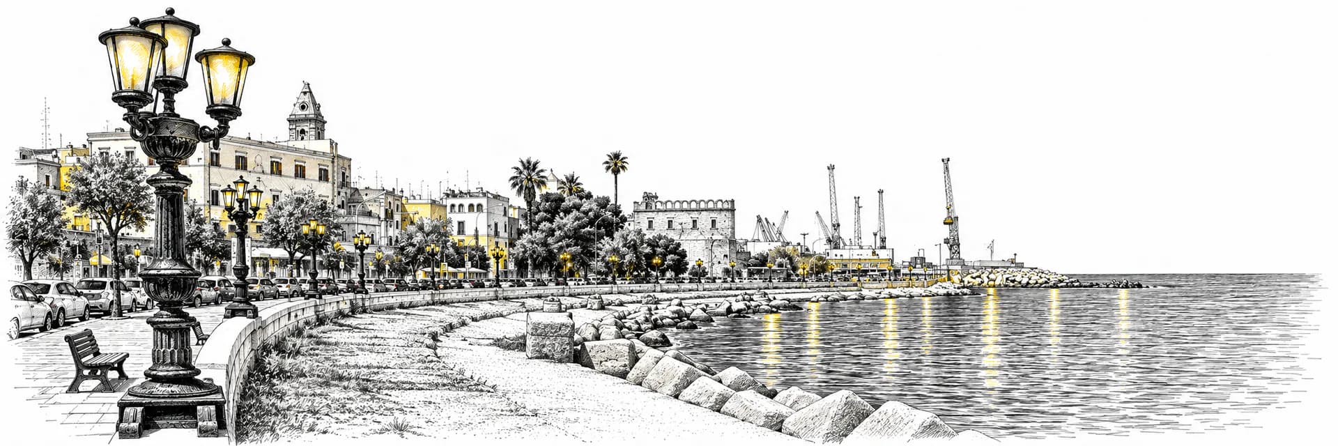 City view of Bari · Ink illustration based on a photo reference