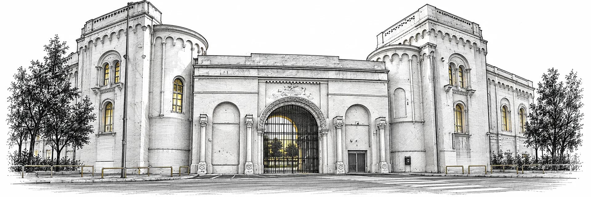 Exterior of the event venue in Bari · Ink illustration based on a photo reference