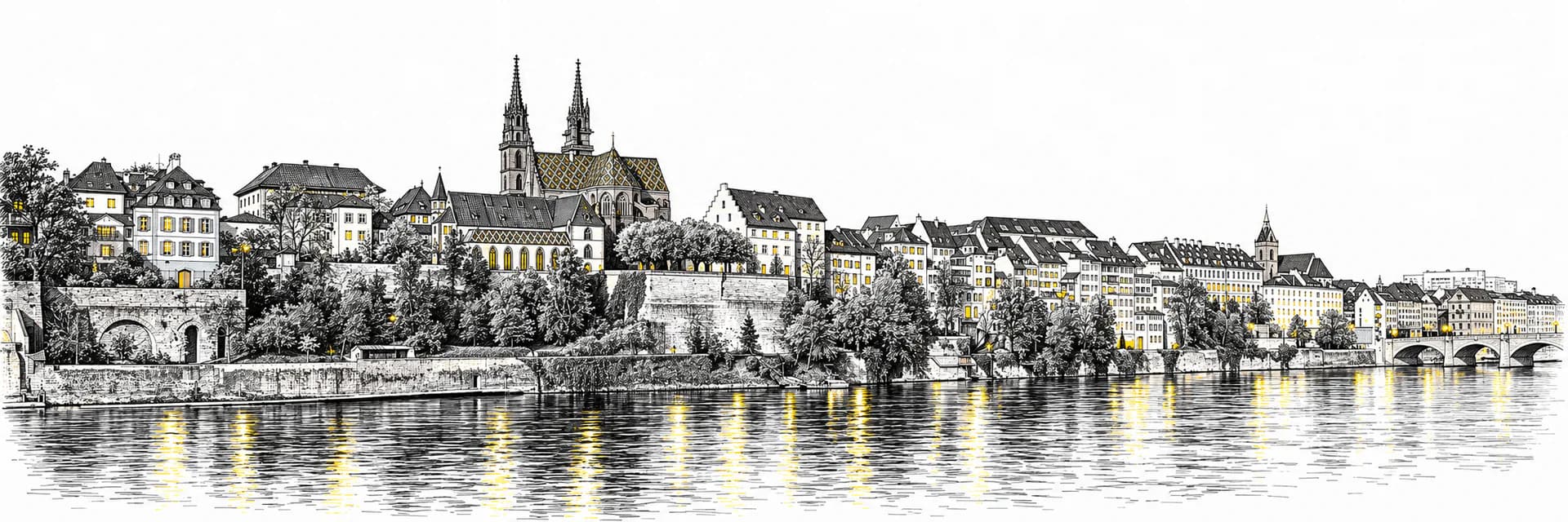 Basel Minster and old town on the Rhine · Ink illustration based on a photo reference