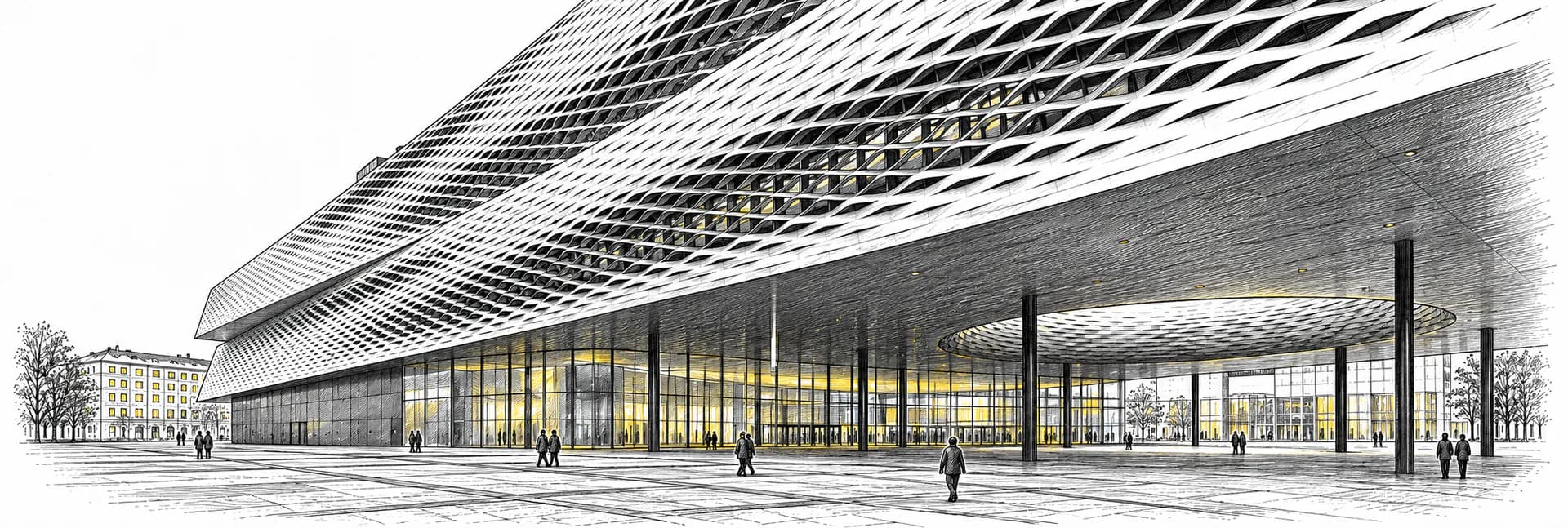 Exterior of Messe Basel on Messeplatz · Ink illustration based on a photo reference