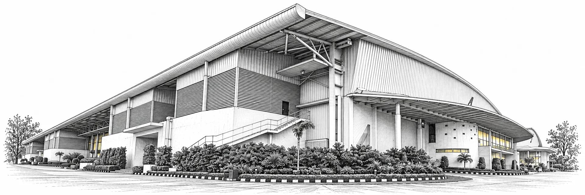 BIEC grounds in Bengaluru; the hall number in this view is unconfirmed · Ink illustration based on a photo reference
