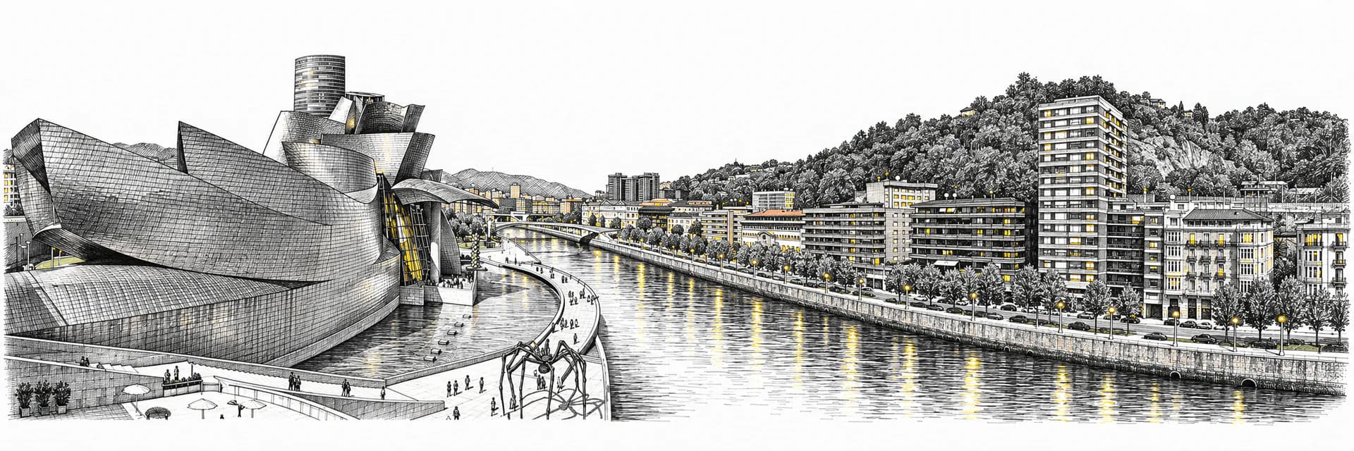 Stadtansicht von Bilbao · Tuscheillustration nach Fotoreferenz