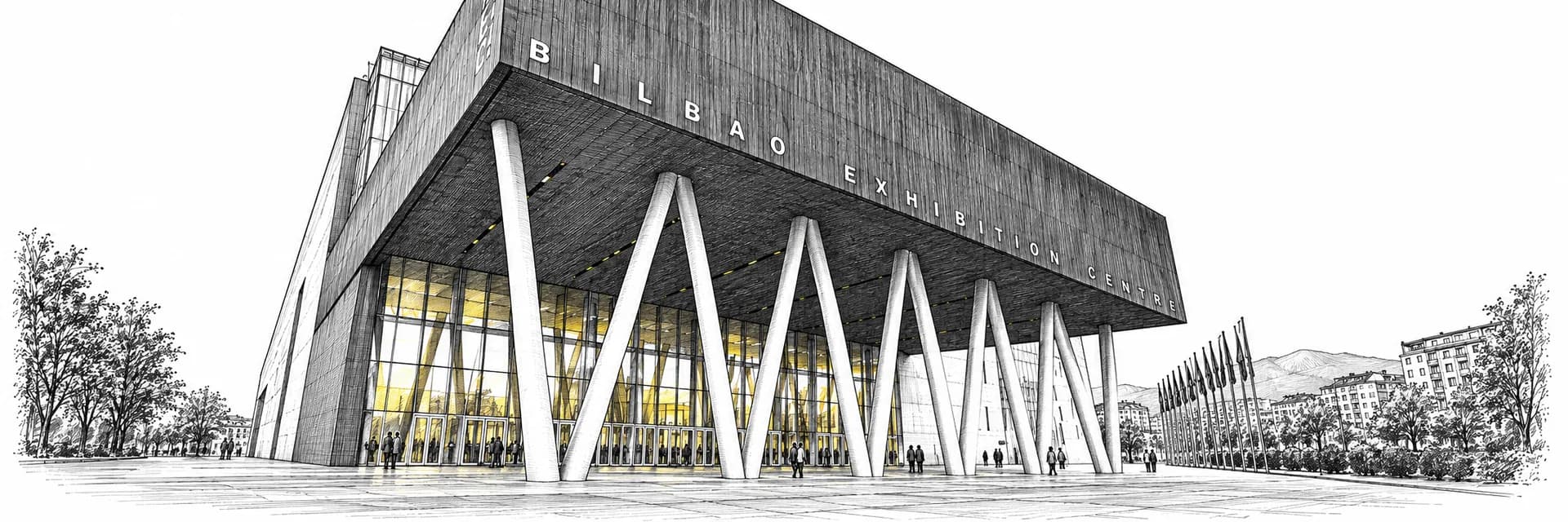 Exterior of the event venue in Bilbao · Ink illustration based on a photo reference