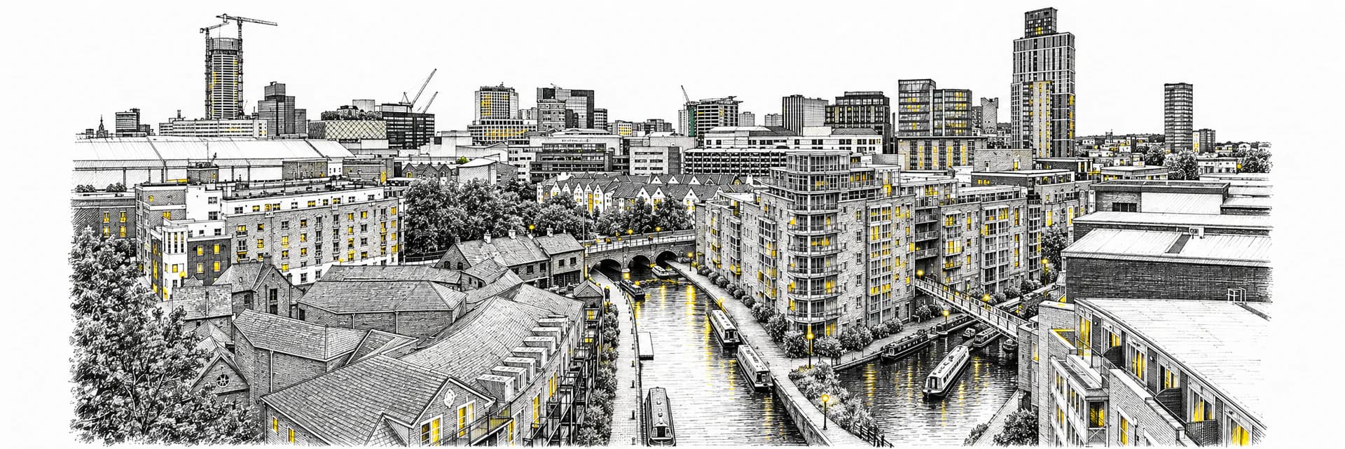 Stadtansicht von Birmingham · Tuscheillustration nach Fotoreferenz