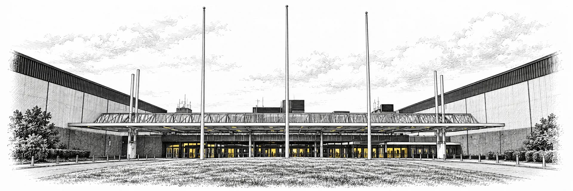 Exterior view: National Exhibition Centre · Ink illustration based on a photo reference