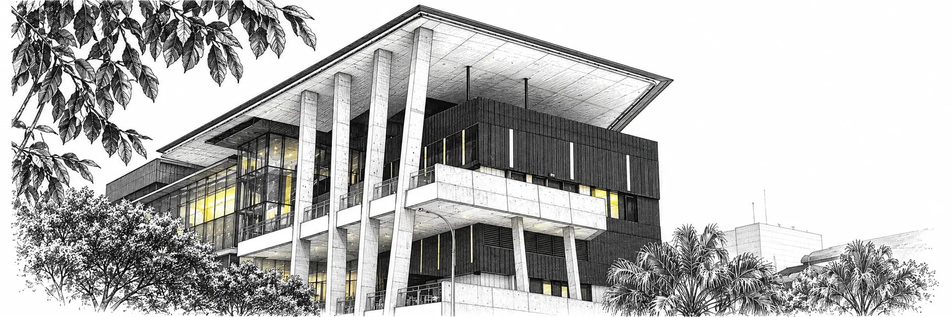 Exterior of the event venue in Brisbane · Ink illustration based on a photo reference