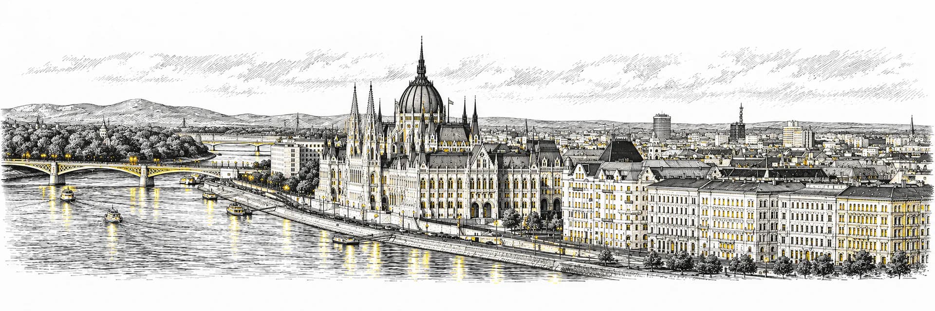 Stadtansicht von Budapest · Tuscheillustration nach Fotoreferenz