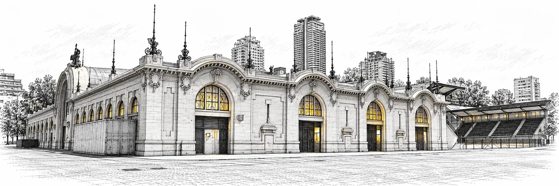 Aussenansicht des Veranstaltungsorts in Buenos Aires · Tuscheillustration nach Fotoreferenz