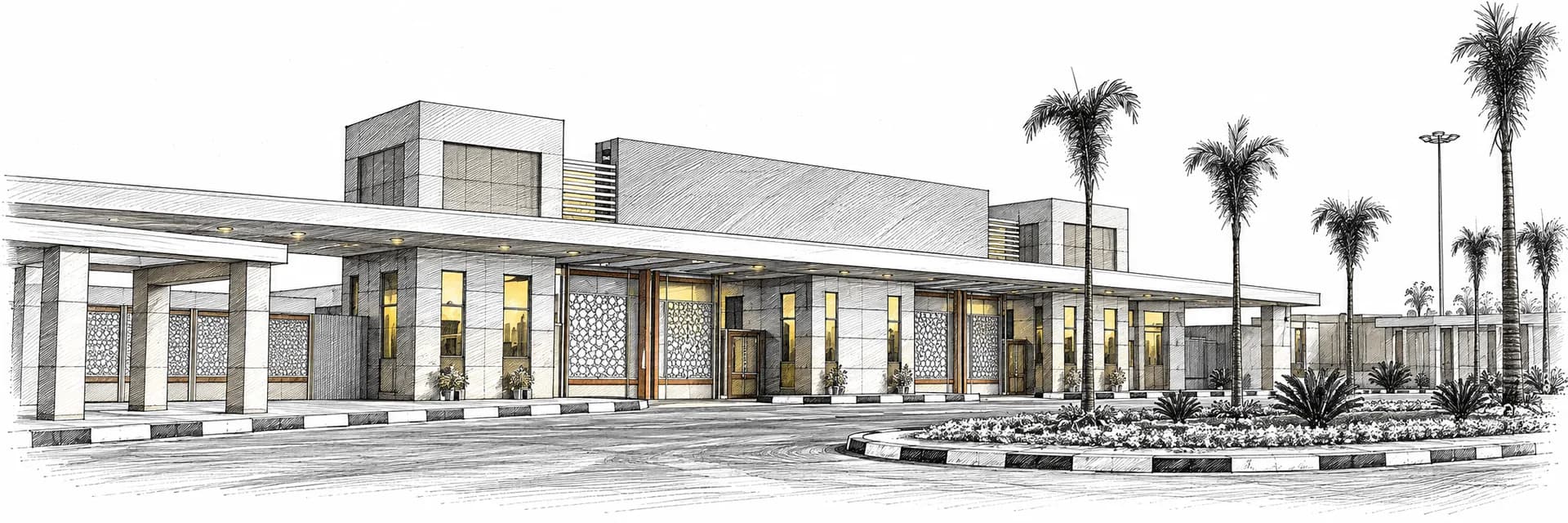 Exterior of the event venue in Cairo · Ink illustration based on a photo reference
