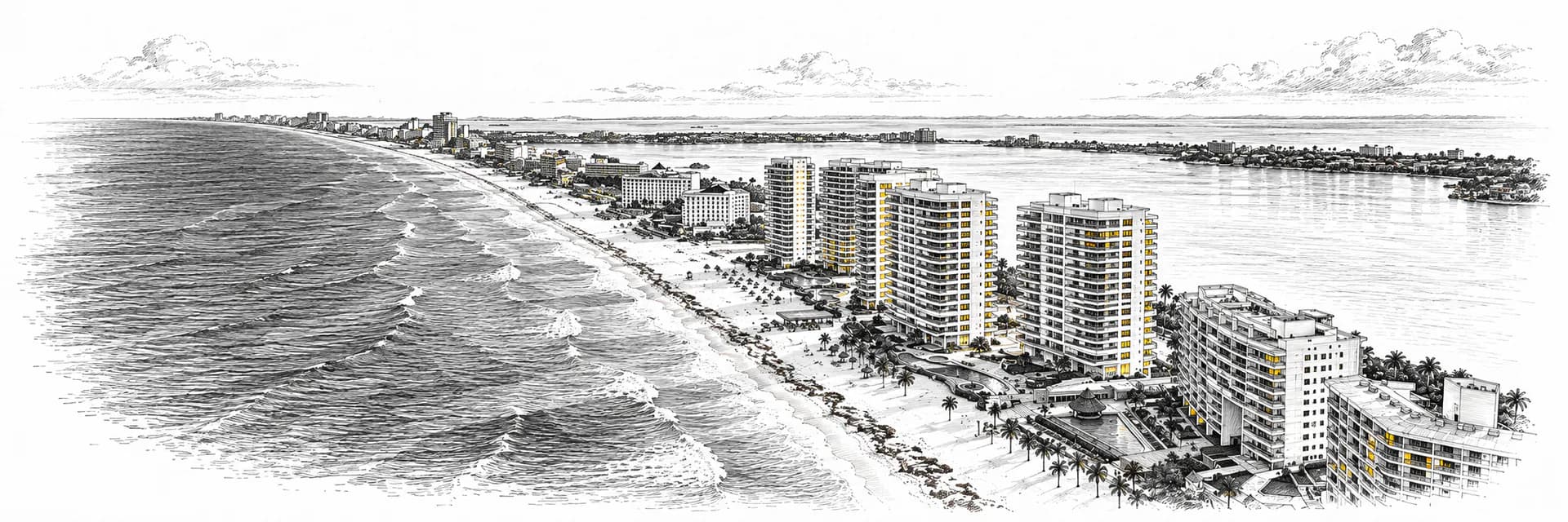 Stadtansicht von Cancun · Tuscheillustration nach Fotoreferenz
