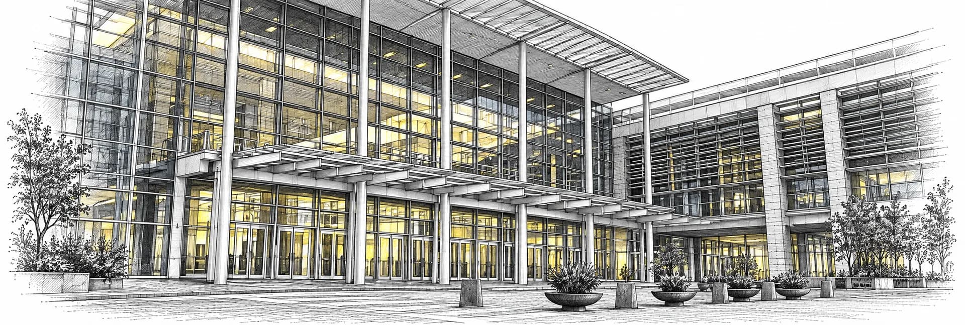 Exterior of the event venue in Cape Town · Ink illustration based on a photo reference