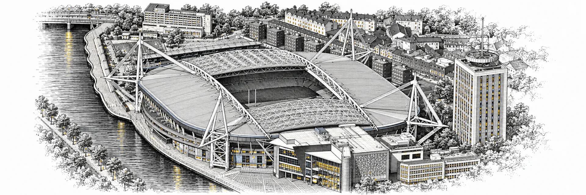 Exterior view: Millennium Stadium · Ink illustration based on a photo reference