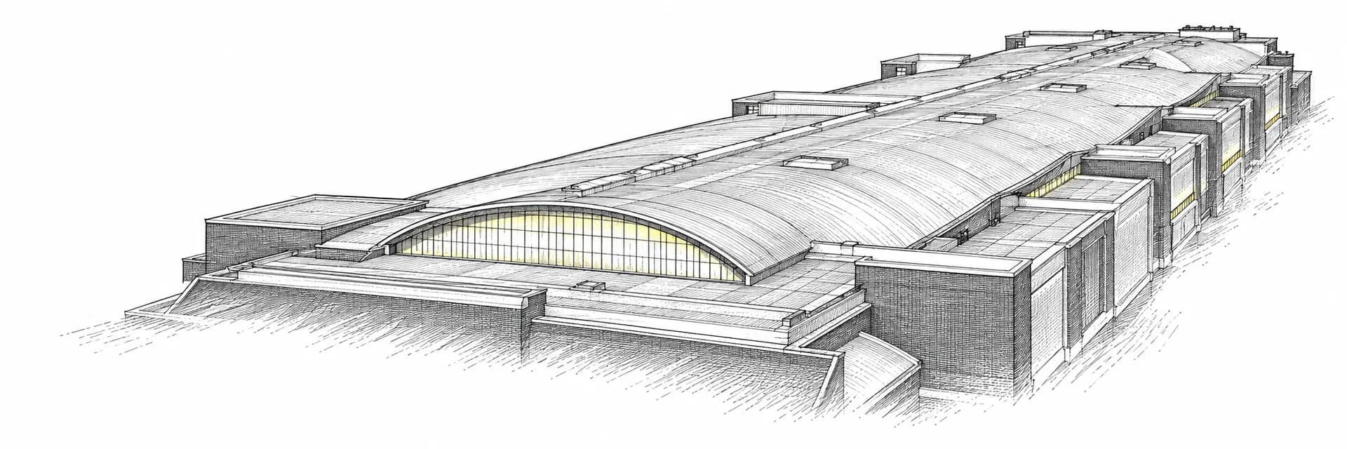 Navy Pier · Festival Hall roof and exhibition building · Ink illustration based on a photo reference