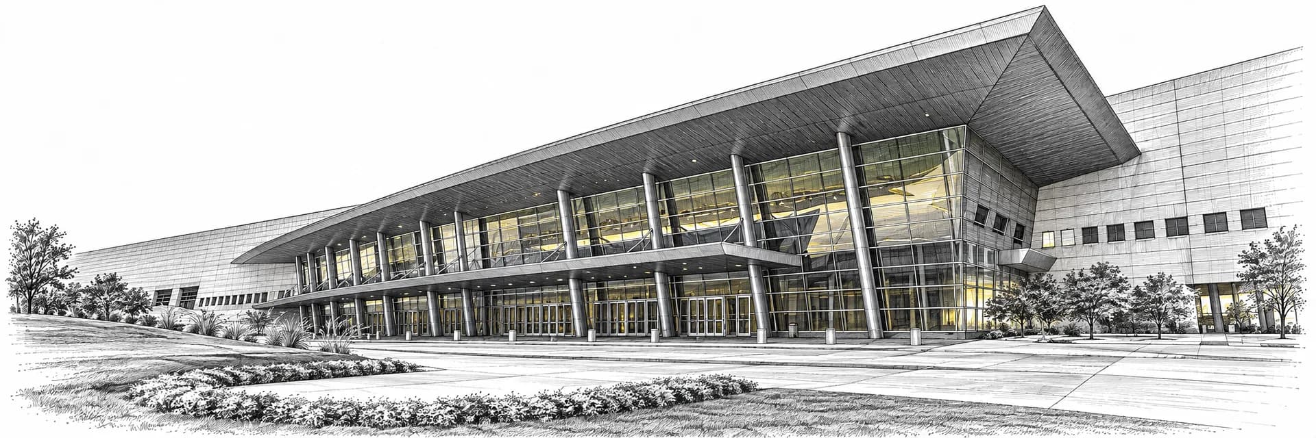 Exterior of the event venue in Dallas · Ink illustration based on a photo reference