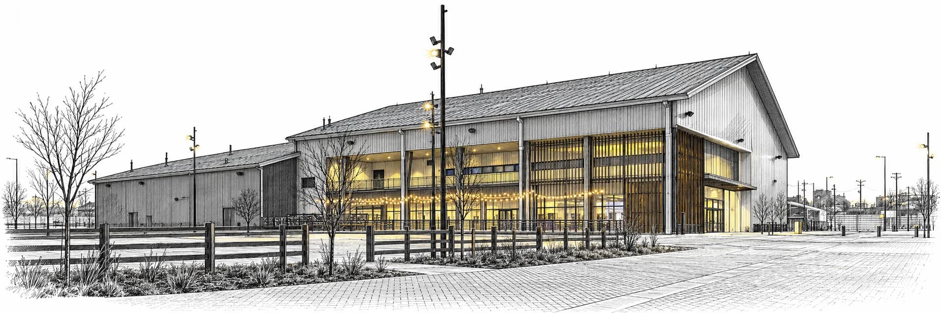 Exterior of the event venue in Denver · Ink illustration based on a photo reference