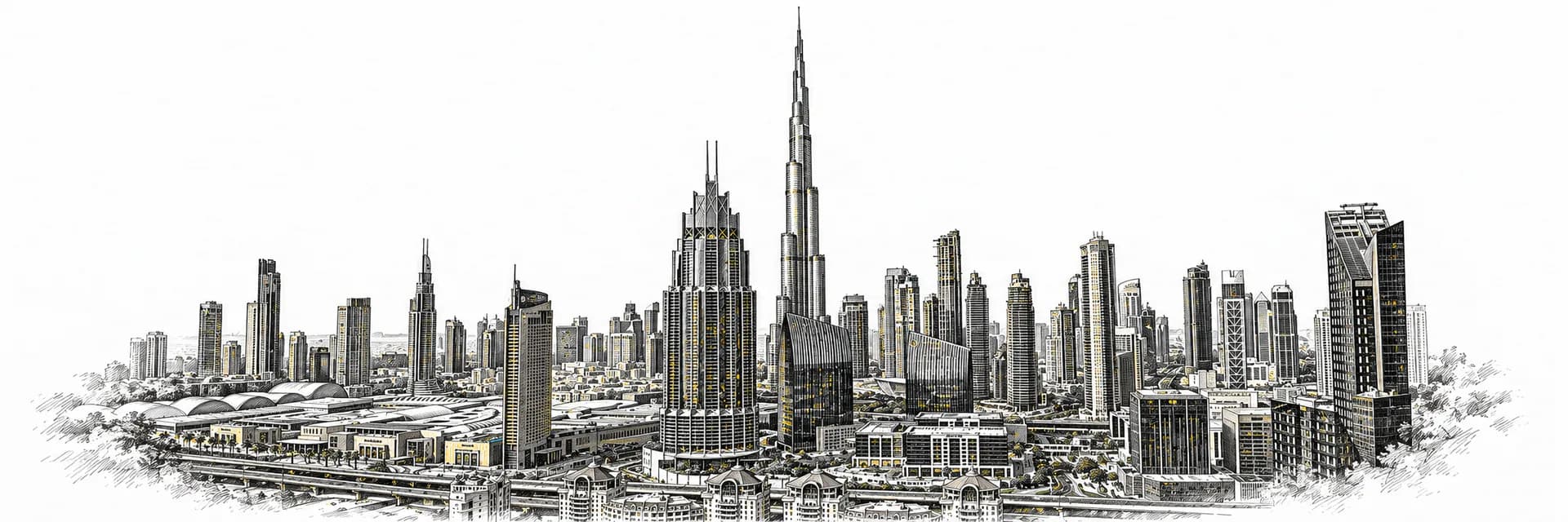 Stadtansicht von Dubai · Tuscheillustration nach Fotoreferenz
