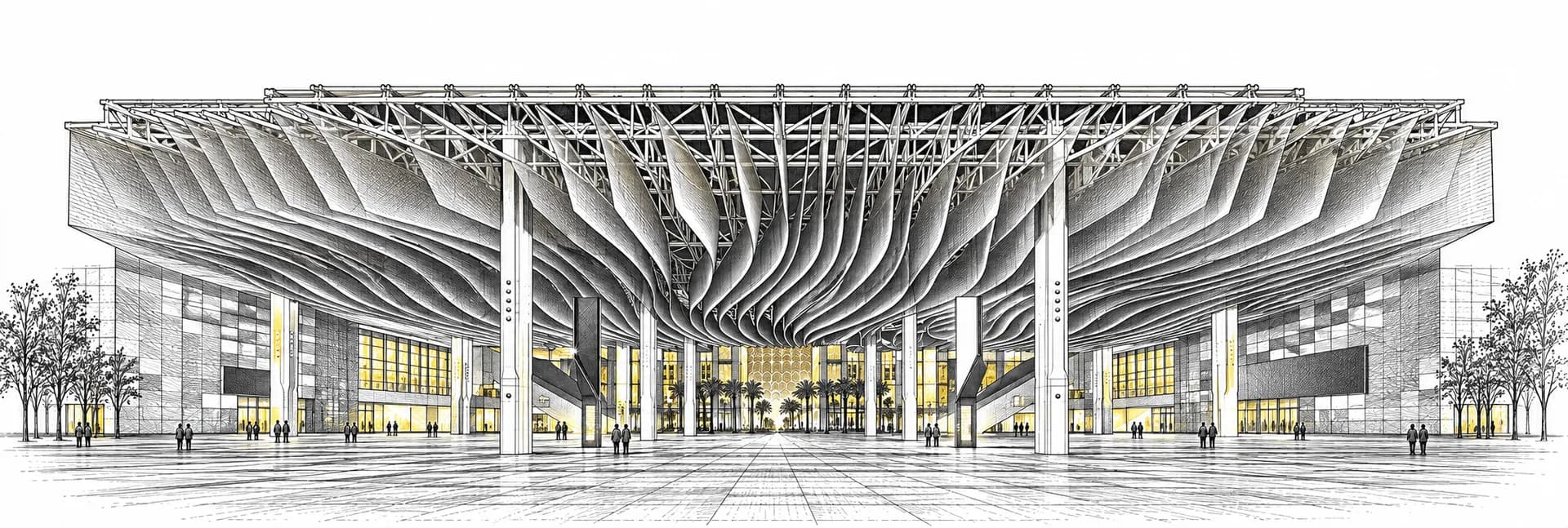 Exterior of the event venue in Dubai · Ink illustration based on a photo reference
