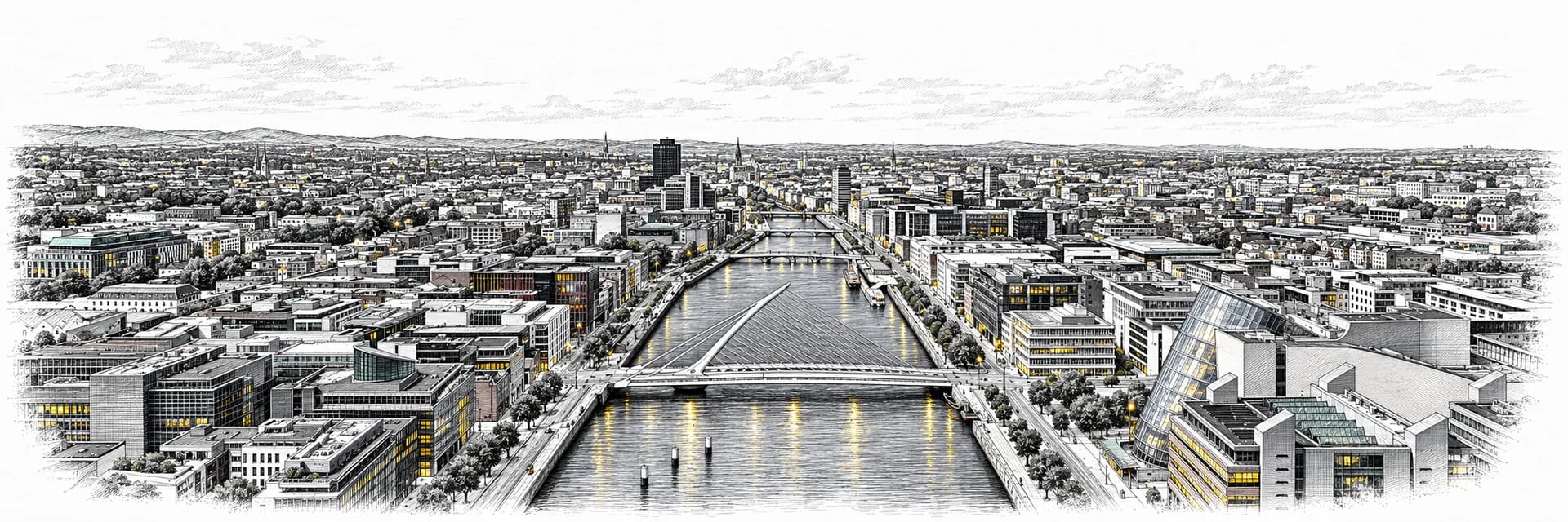 Stadtansicht von Dublin · Tuscheillustration nach Fotoreferenz