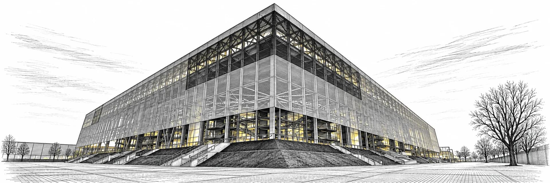 Exterior of the event venue in Düsseldorf · Ink illustration based on a photo reference