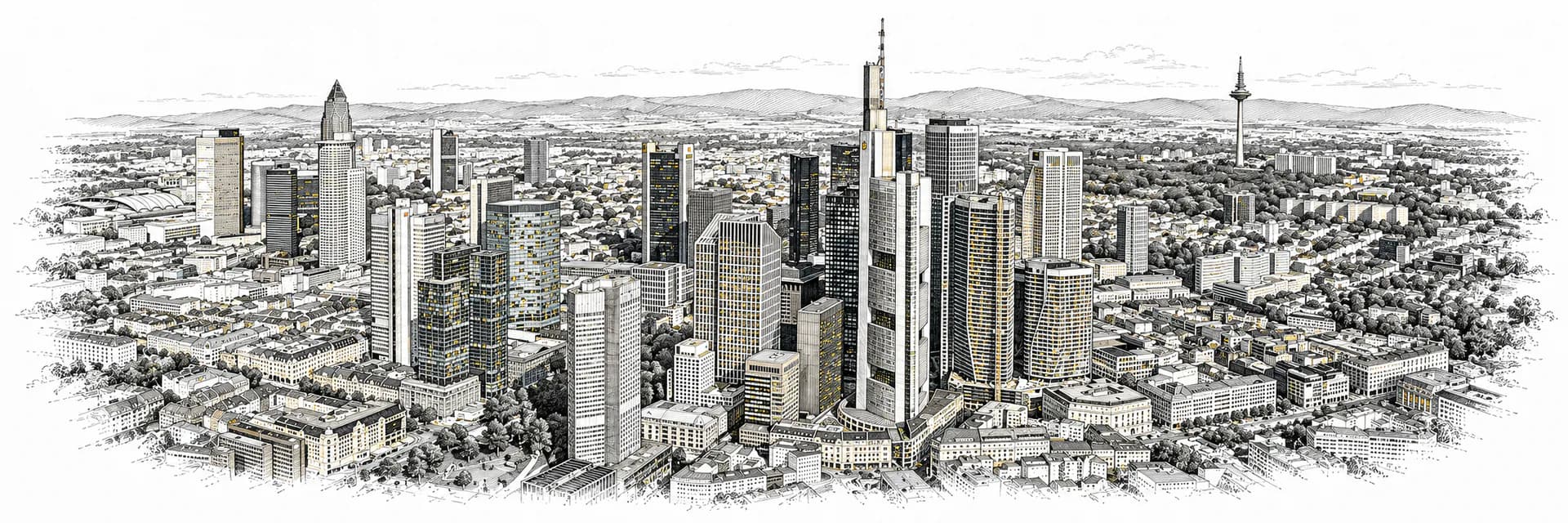 Stadtansicht von Frankfurt · Tuscheillustration nach Fotoreferenz