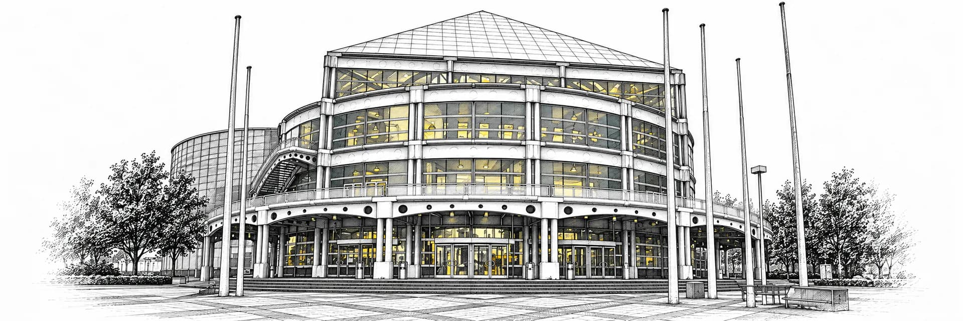 Forum auf dem Gelände der Messe Frankfurt · Tuscheillustration nach Fotoreferenz