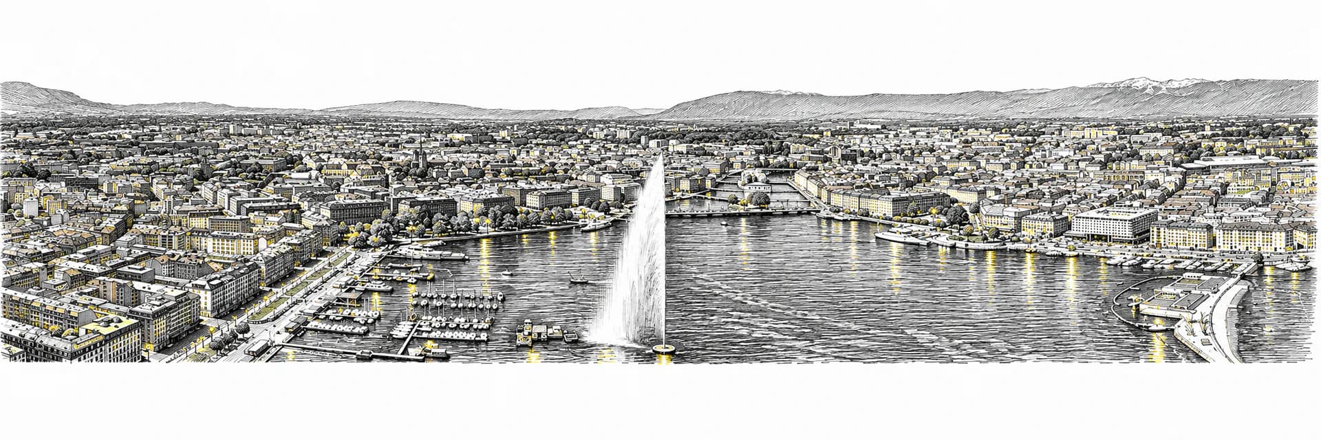 Stadtansicht von Geneva · Tuscheillustration nach Fotoreferenz