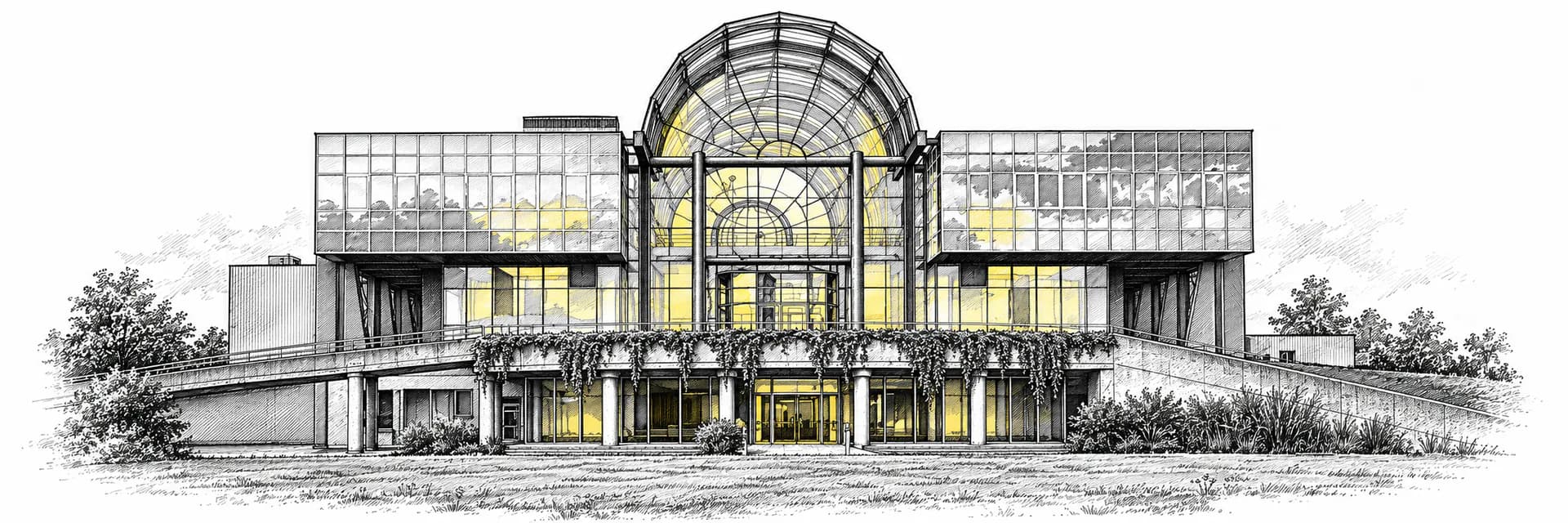 Exterior view: Flanders Expo · Ink illustration based on a photo reference