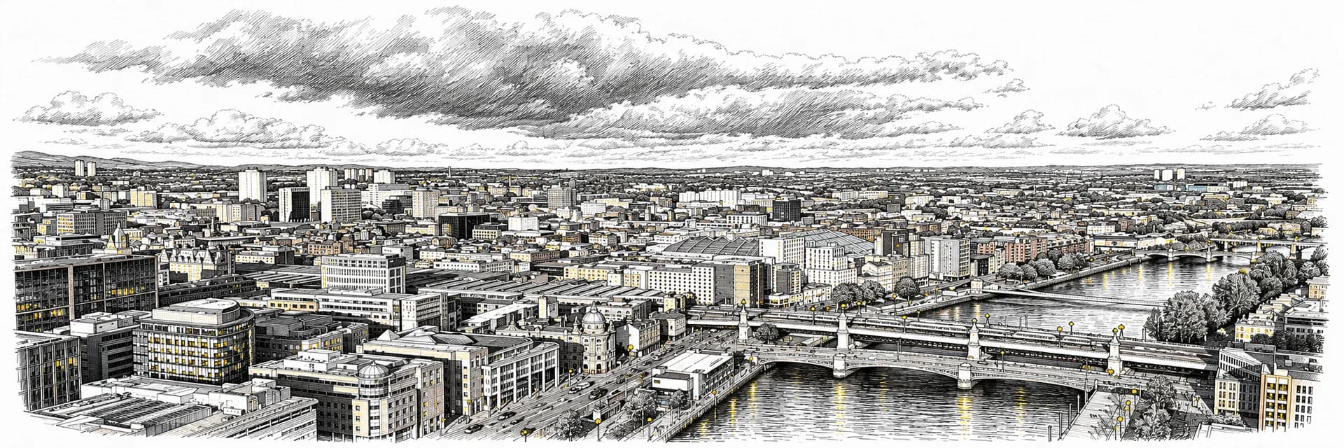 Stadtansicht von Glasgow · Tuscheillustration nach Fotoreferenz