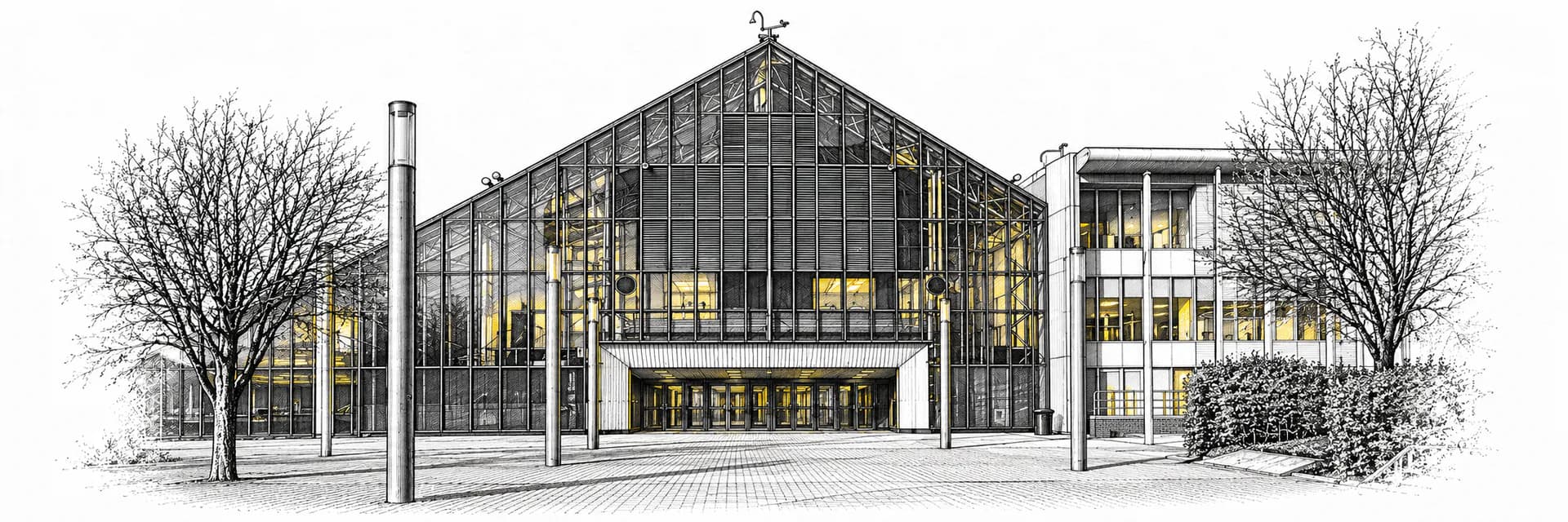 Exterior view: Scottish Event Campus · Ink illustration based on a photo reference