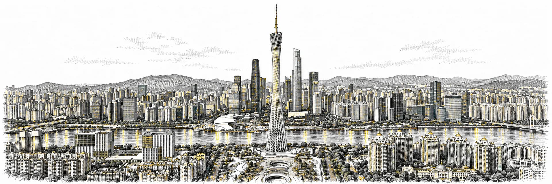 Stadtansicht von Guangzhou · Tuscheillustration nach Fotoreferenz