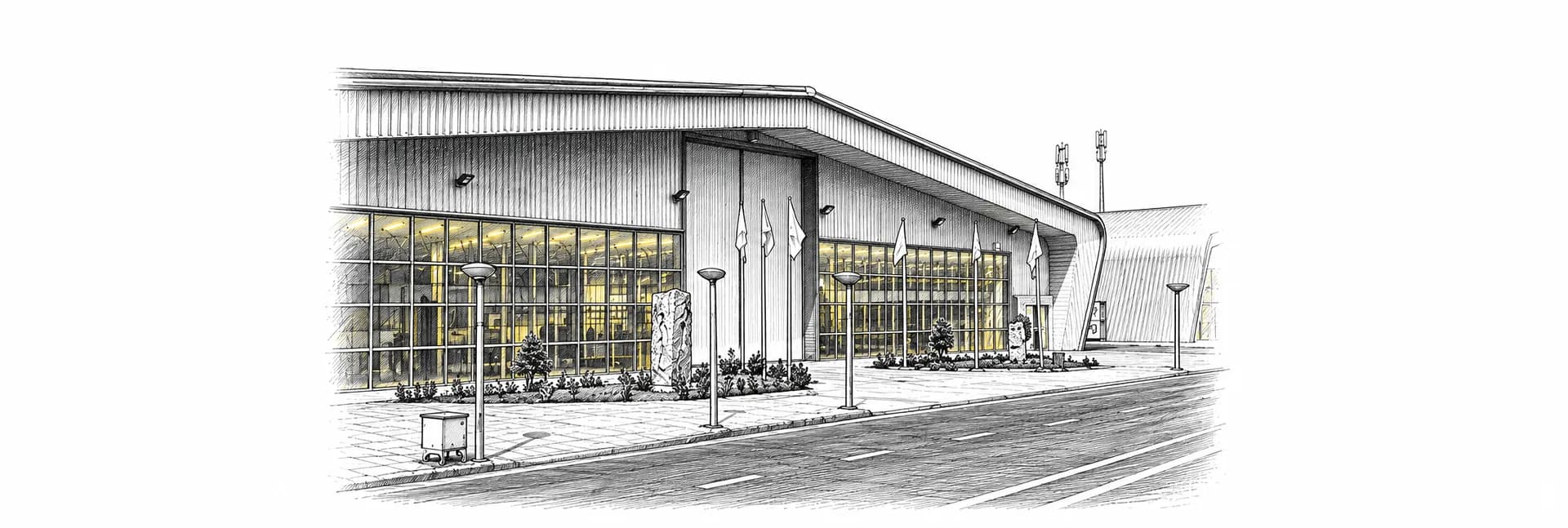 Exterior of Helipad Exhibition Centre · Ink illustration based on a photo reference