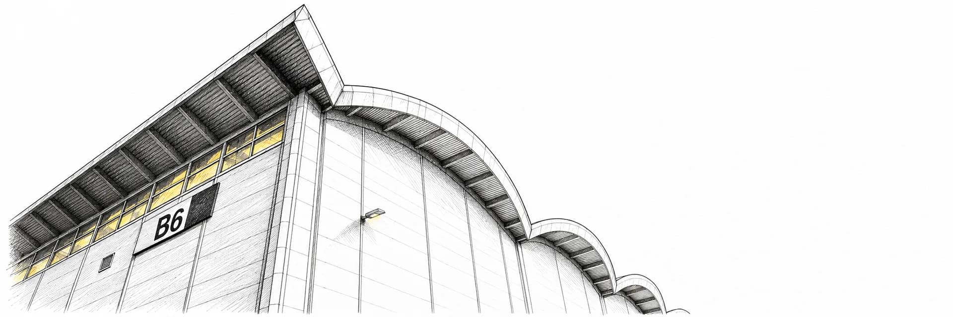 Hamburg Messe · Hall B6 · Ink illustration based on a photo reference
