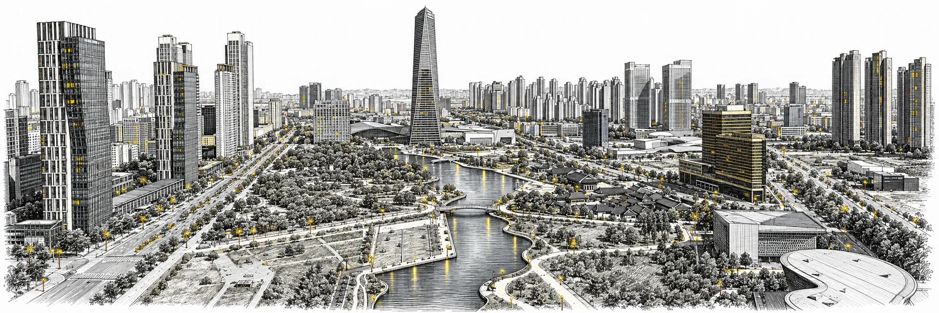 Stadtansicht von Incheon · Tuscheillustration nach Fotoreferenz