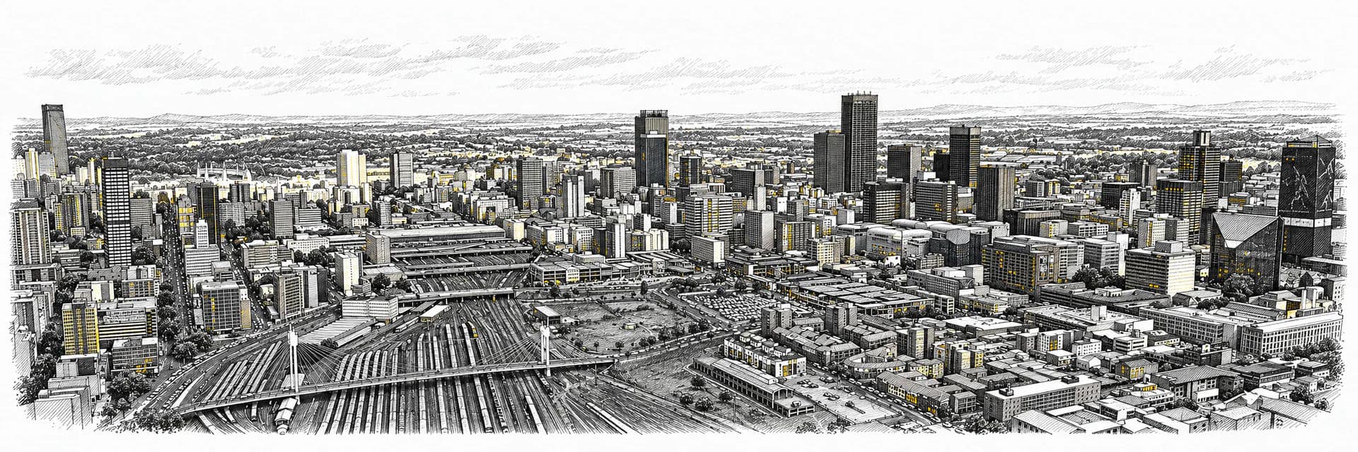 Stadtansicht von Johannesburg · Tuscheillustration nach Fotoreferenz