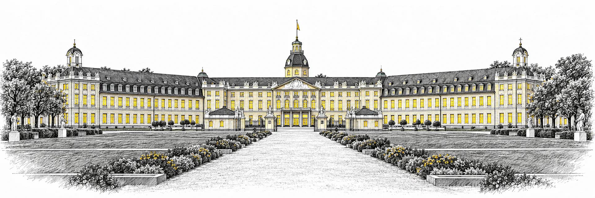 Stadtansicht von Karlsruhe · Tuscheillustration nach Fotoreferenz