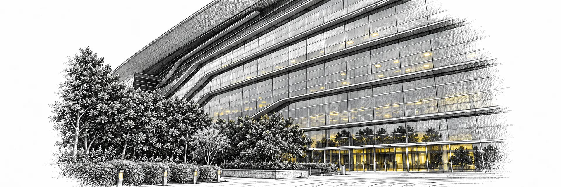Aussenansicht: Malaysia International Trade and Exhibition Centre · Tuscheillustration nach Fotoreferenz
