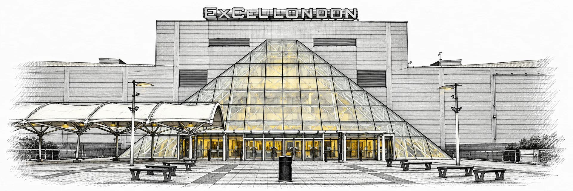 Exterior view: ExCeL London · Ink illustration based on a photo reference