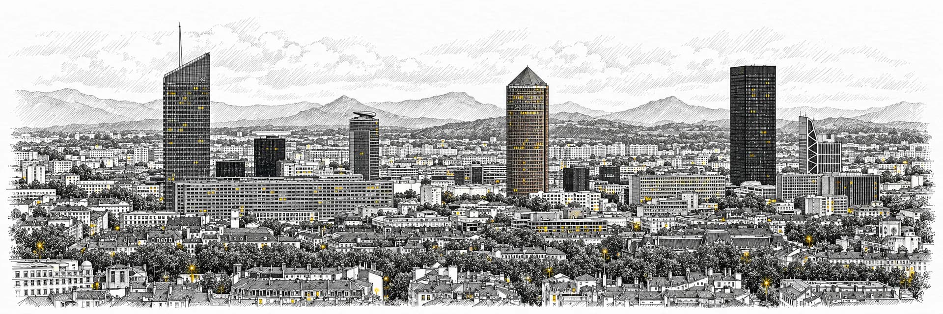 City view of Lyon · Ink illustration based on a photo reference