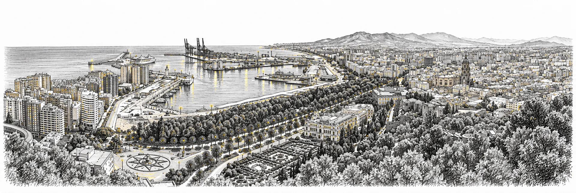 City view of Málaga · Ink illustration based on a photo reference
