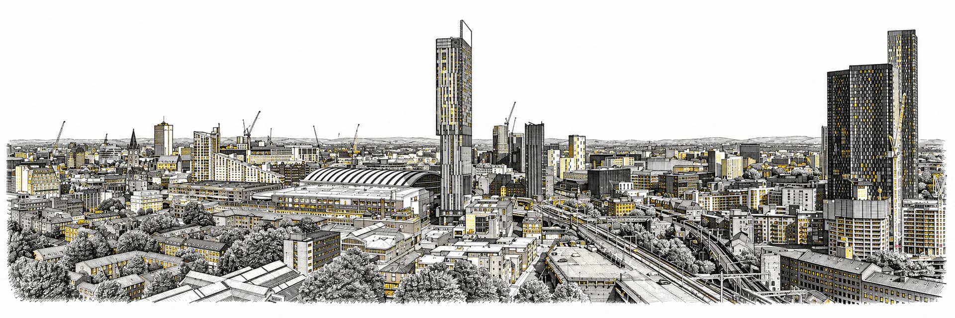 Stadtansicht von Manchester · Tuscheillustration nach Fotoreferenz