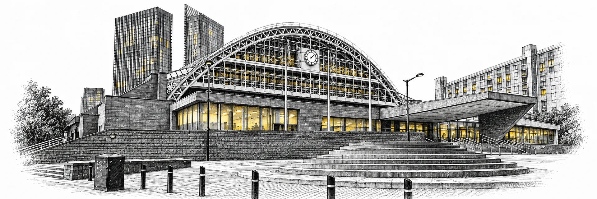 Exterior view: Manchester Central Convention Complex · Ink illustration based on a photo reference