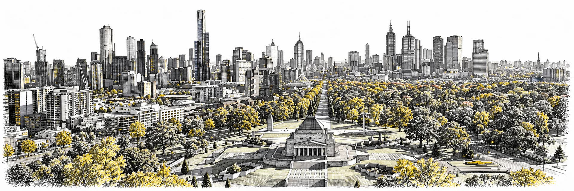 City view of Melbourne · Ink illustration based on a photo reference