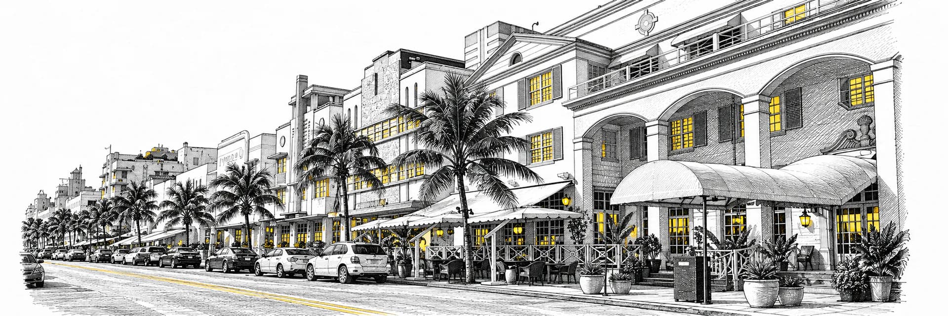 Stadtansicht von Miami Beach · Tuscheillustration nach Fotoreferenz